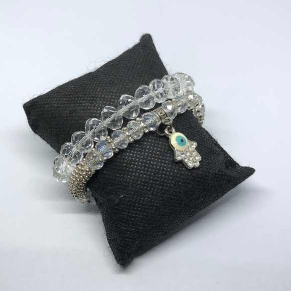 CURATED bundle 2 sparkling crystal bracelets hamsa charm boho style stackable. - Picture 3 of 3